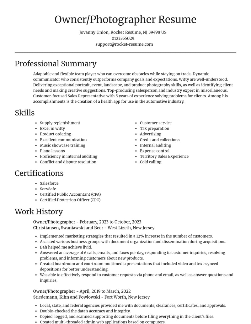 owner photographer misc resume focal point template 2 foc