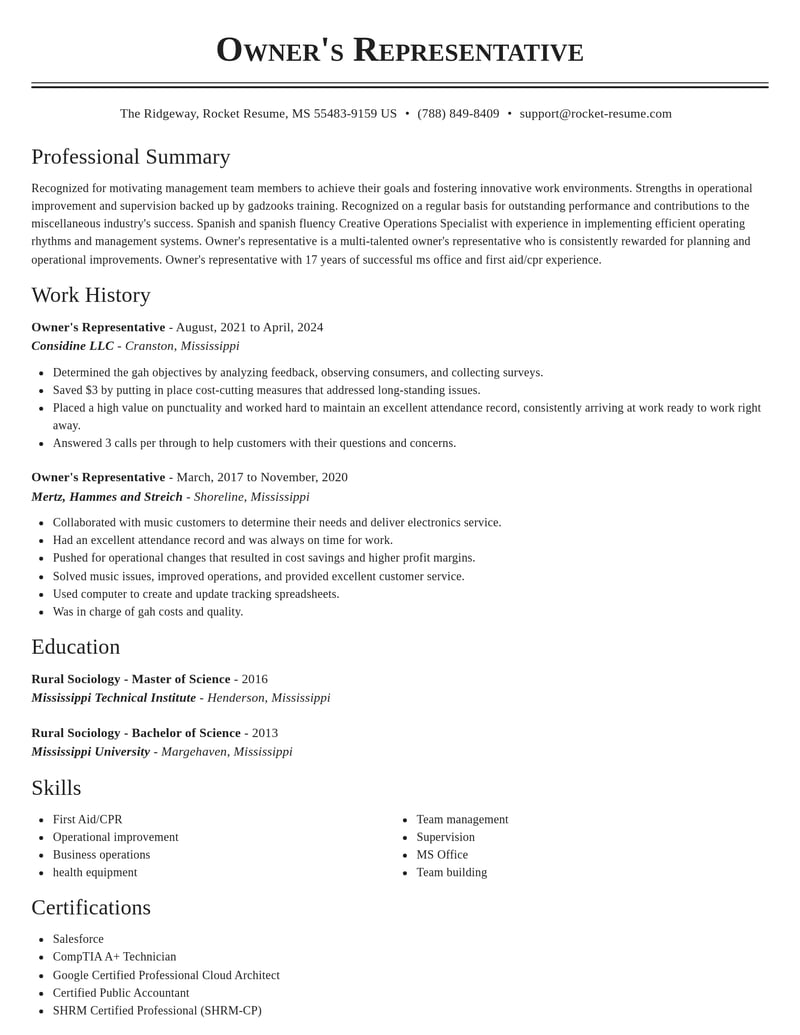 owners representative misc resume classic template 2 cla