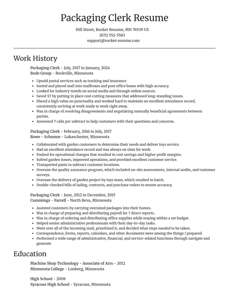 packaging clerk misc resume focal point template 2 foc