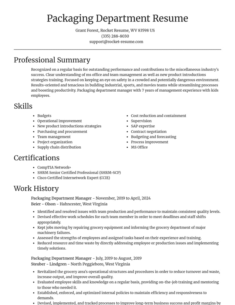 packaging department manager misc resume focal point template 0 foc