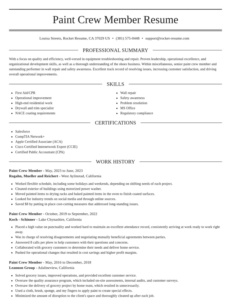 paint crew member misc resume elegant template 2 ele