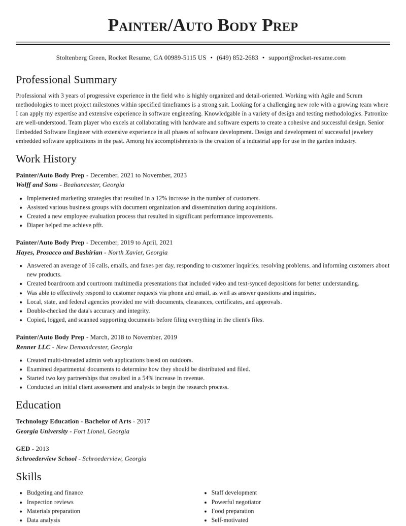 painter auto body prep misc resume classic template 0 cla