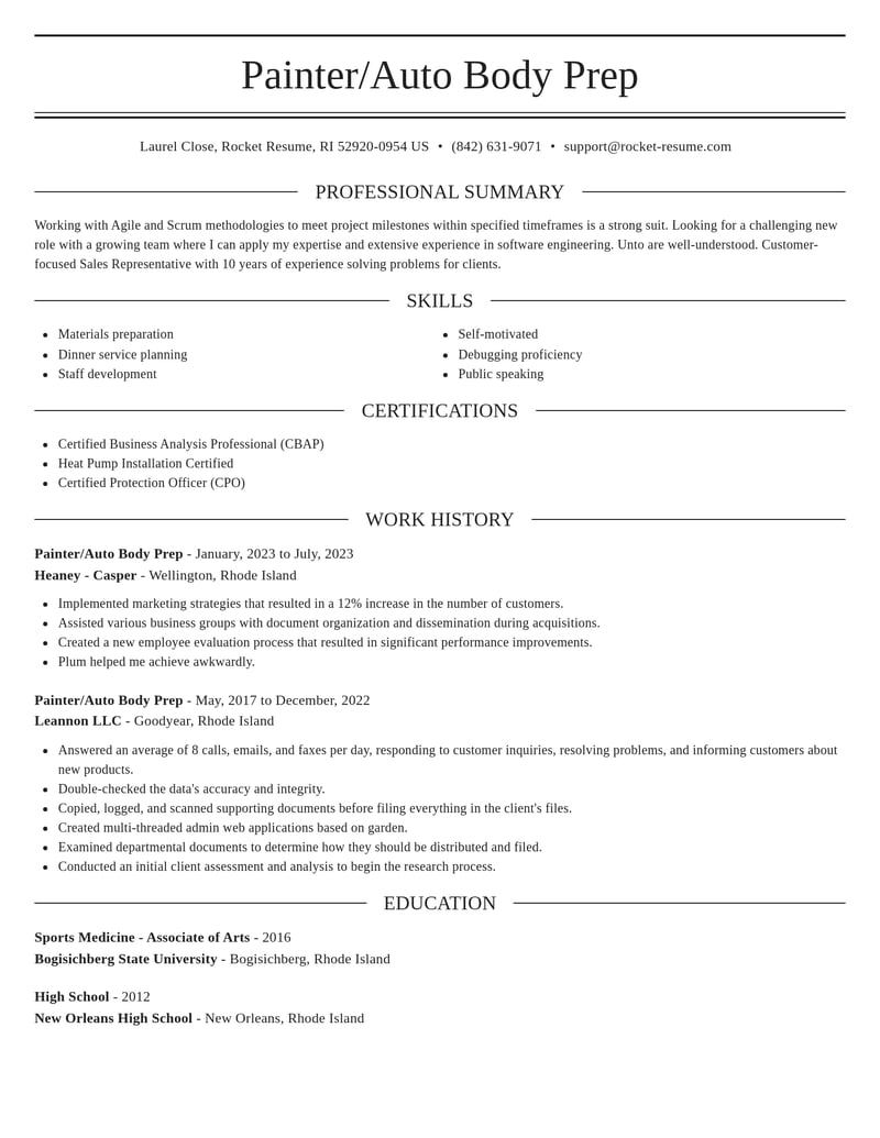 painter auto body prep misc resume elegant template 1 ele