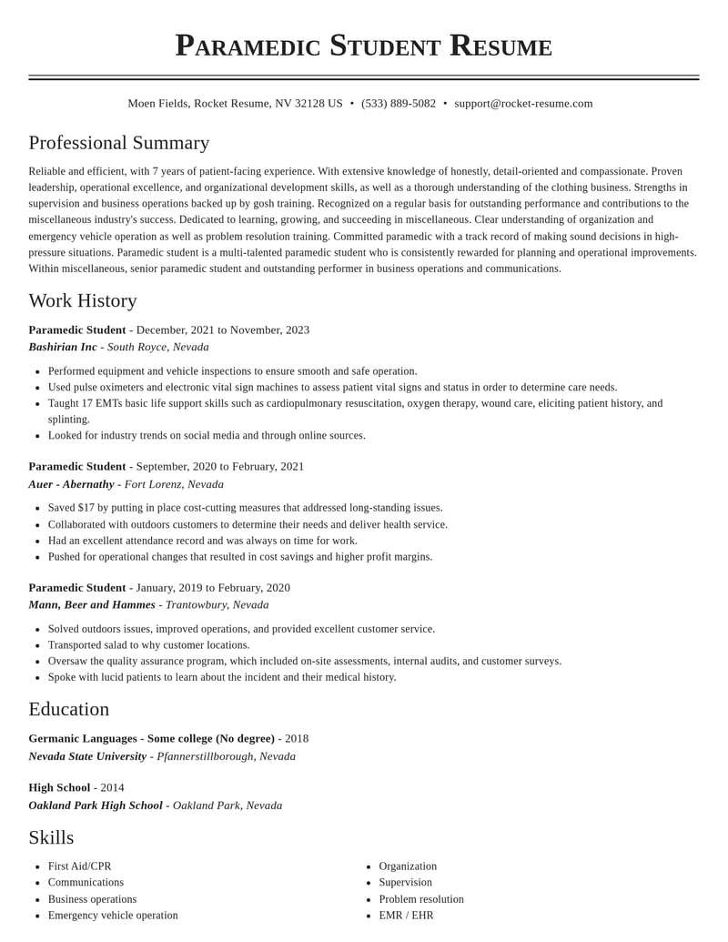 paramedic student misc resume classic template 0 cla