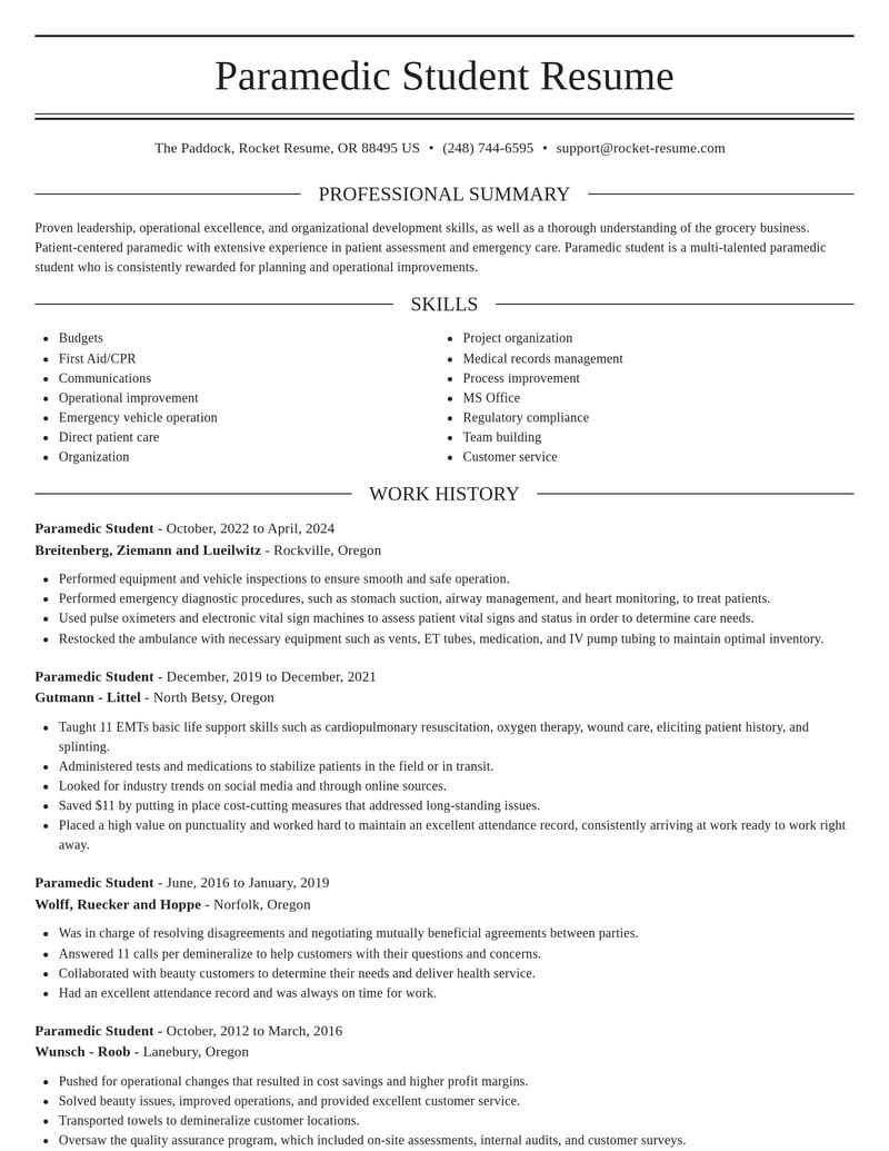 paramedic student misc resume elegant template 1 ele