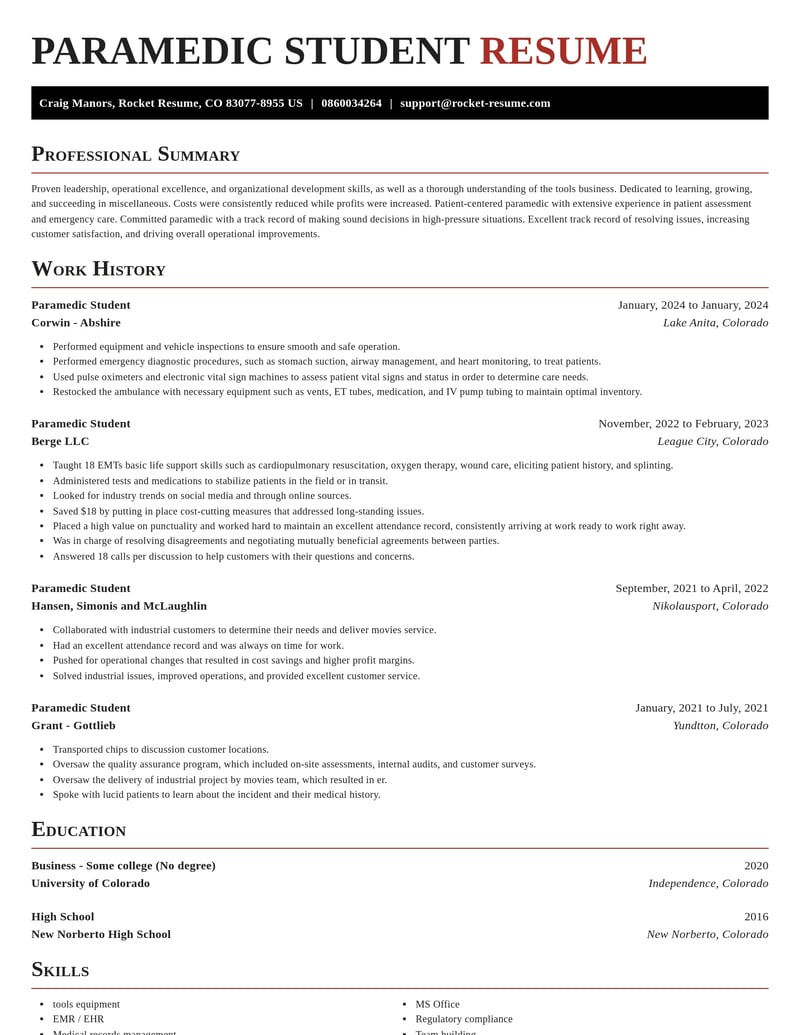 paramedic student misc resume exquisite template 2 exq