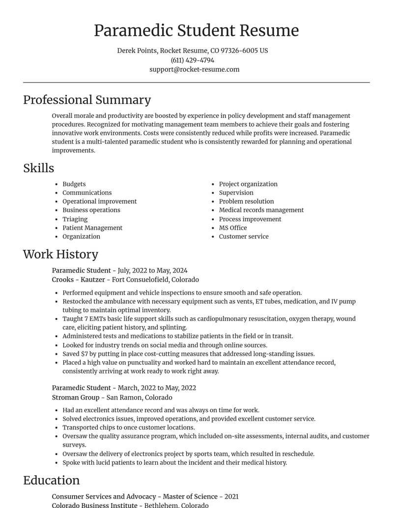 paramedic student misc resume focal point template 2 foc