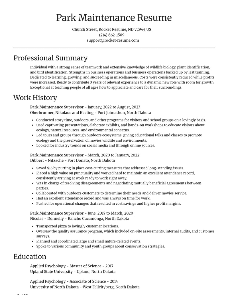 park maintenance supervisor misc resume focal point template 0 foc