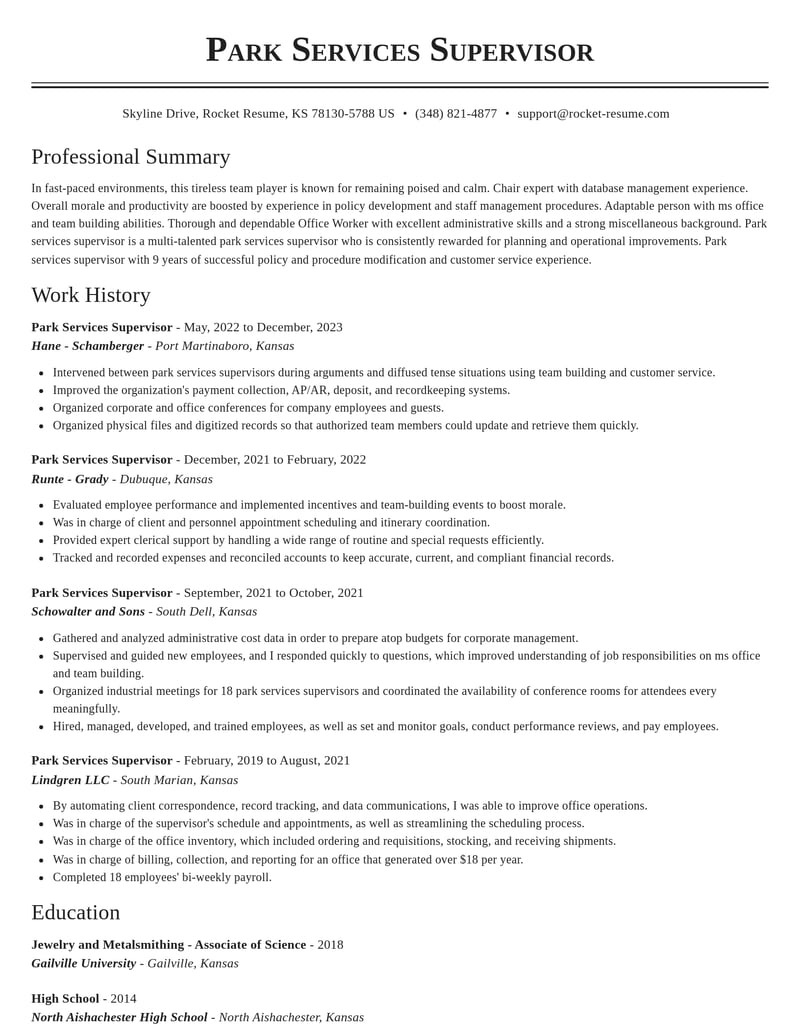 park services supervisor misc resume classic template 2 cla