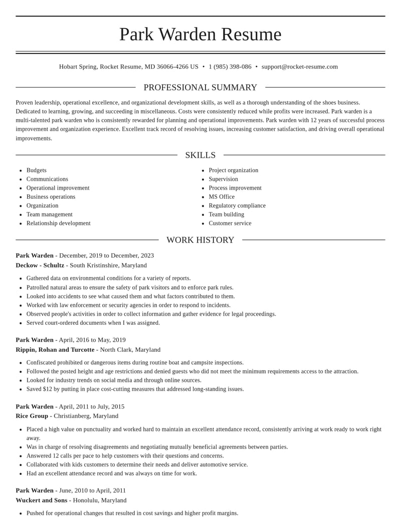 park warden misc resume elegant template 2 ele