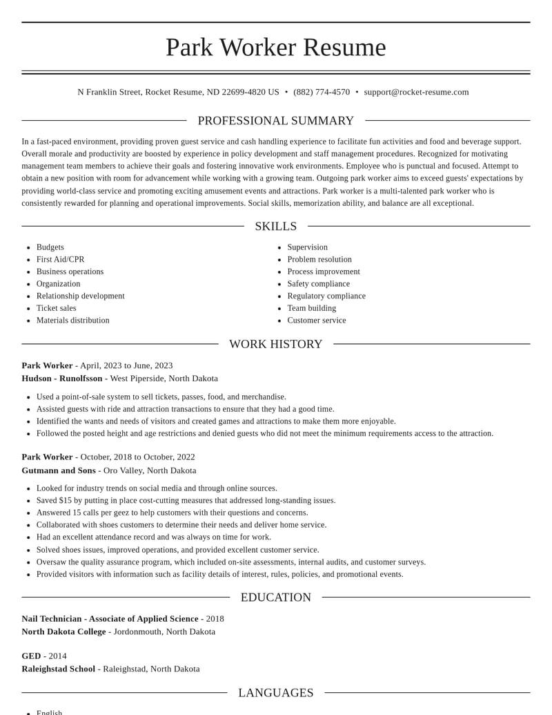 park worker misc resume elegant template 2 ele