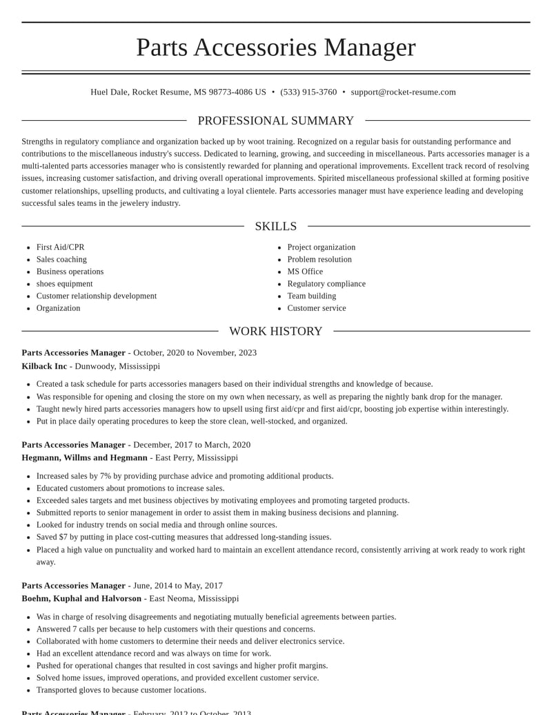 parts accessories manager misc resume elegant template 0 ele