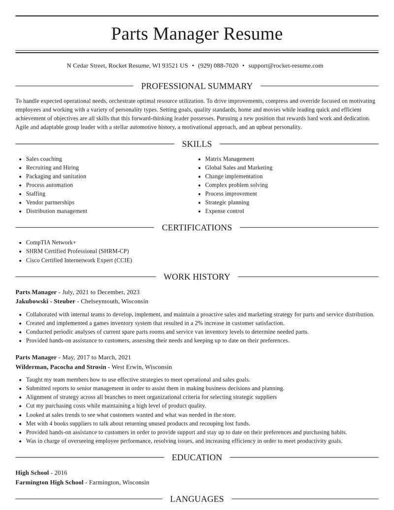 parts manager misc resume elegant template 2 ele