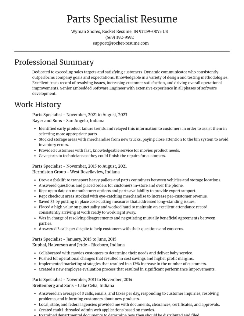 parts specialist misc resume focal point template 2 foc