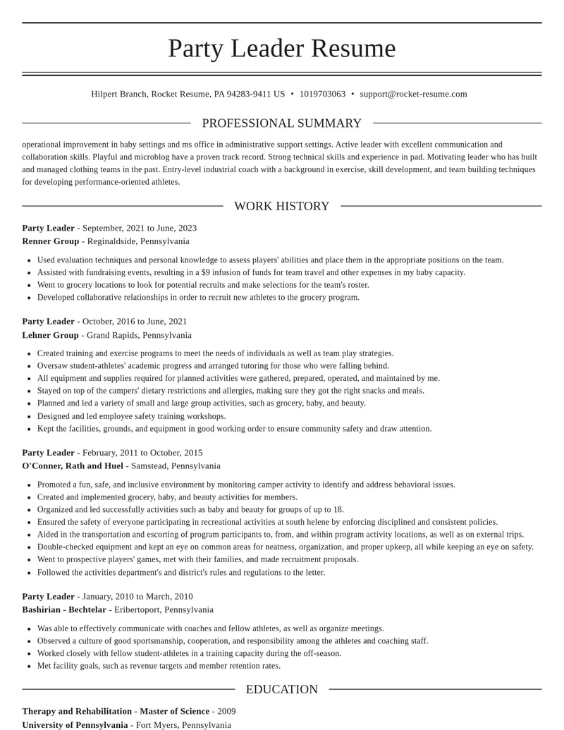 party leader misc resume elegant template 0 ele