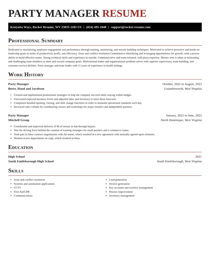 party manager misc resume exquisite template 1 exq