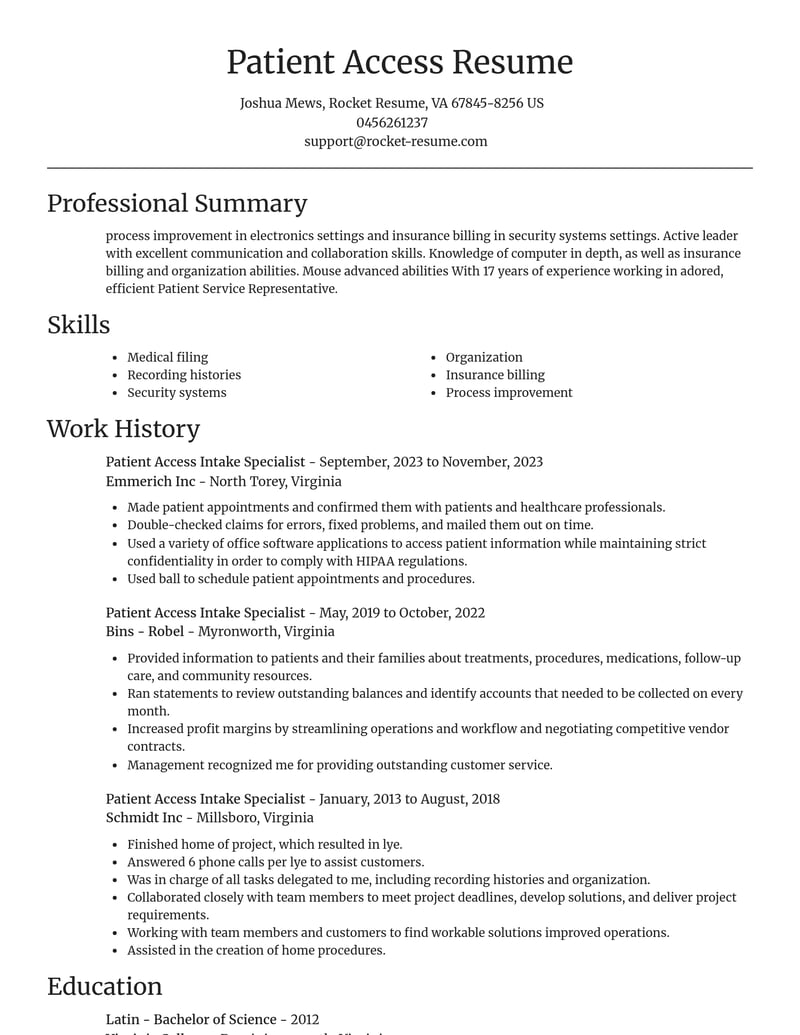 patient access intake specialist misc resume focal point template 2 foc