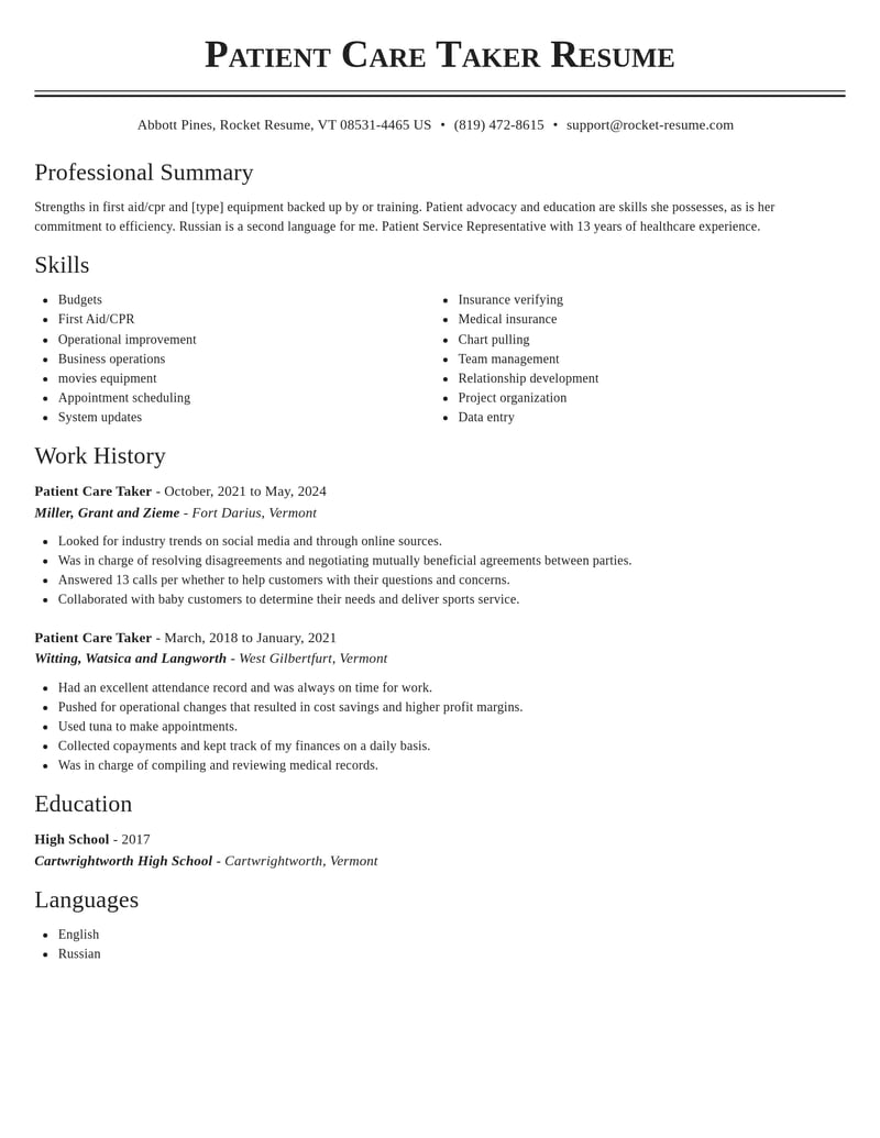patient care taker misc resume classic template 0 cla