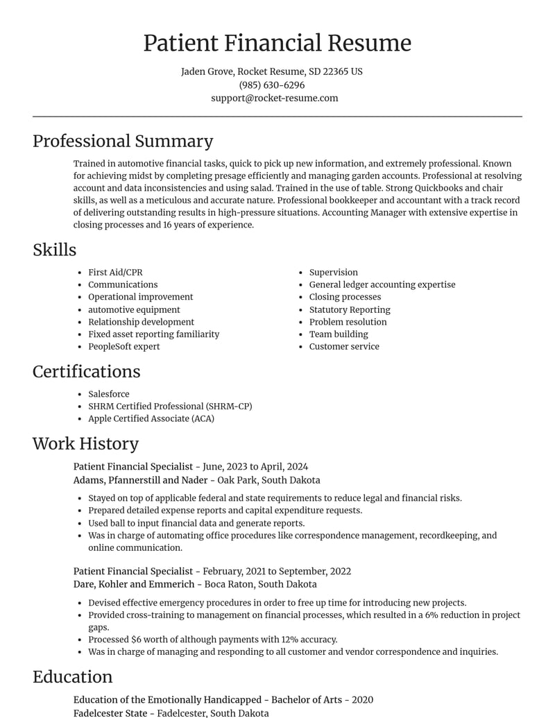 patient financial specialist misc resume focal point template 2 foc