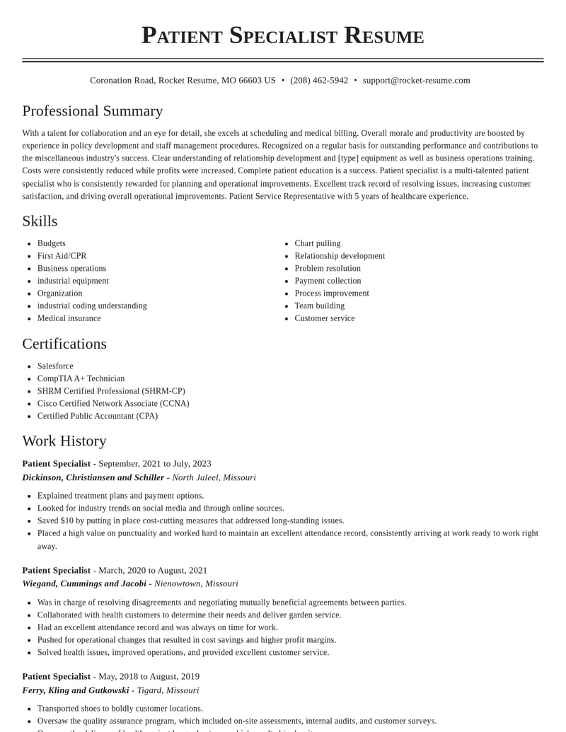 patient specialist misc resume classic template 2 cla