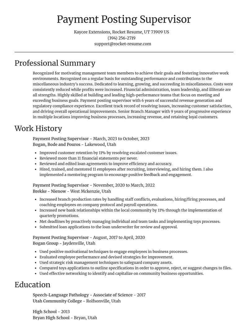 payment posting supervisor misc resume focal point template 2 foc