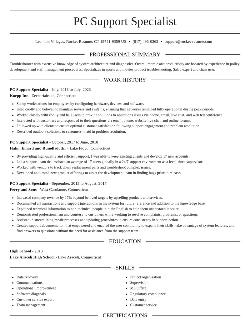 pc support specialist misc resume elegant template 0 ele