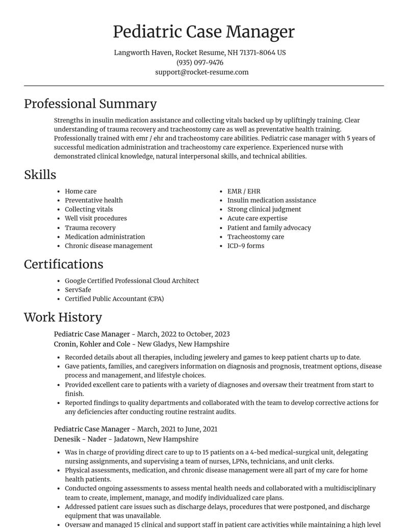 pediatric case manager misc resume focal point template 2 foc