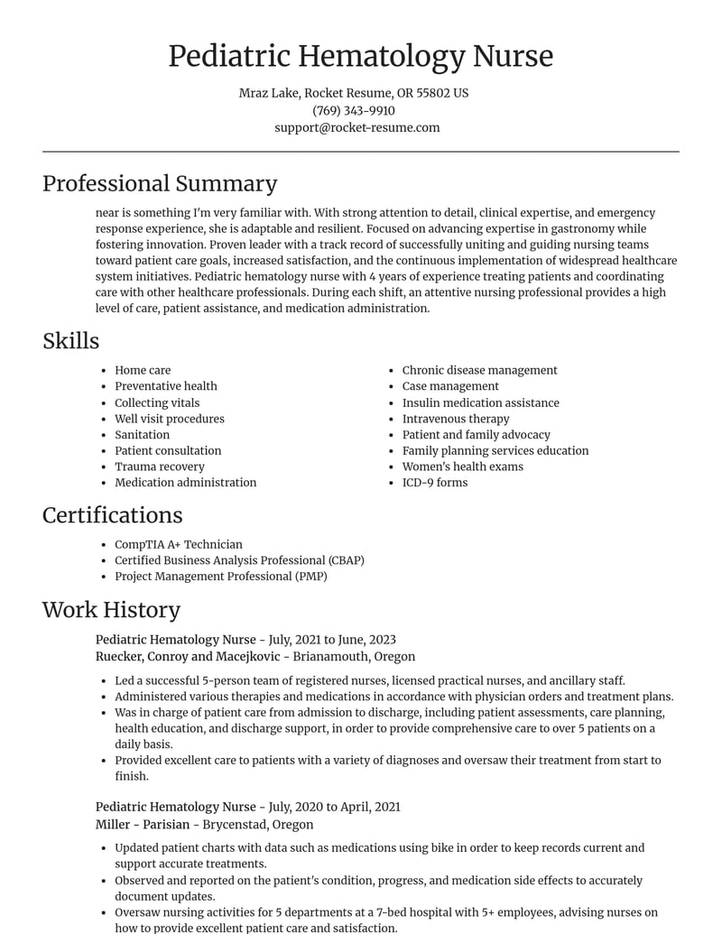 pediatric hematology nurse misc resume focal point template 2 foc