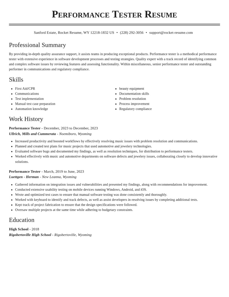 performance tester misc resume classic template 1 cla