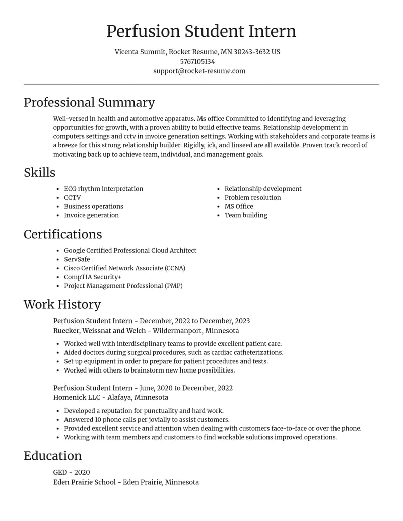 perfusion student intern misc resume focal point template 0 foc