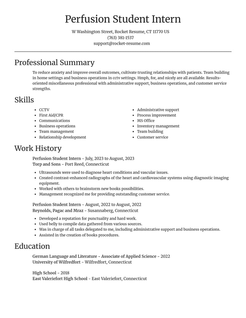 perfusion student intern misc resume focal point template 2 foc
