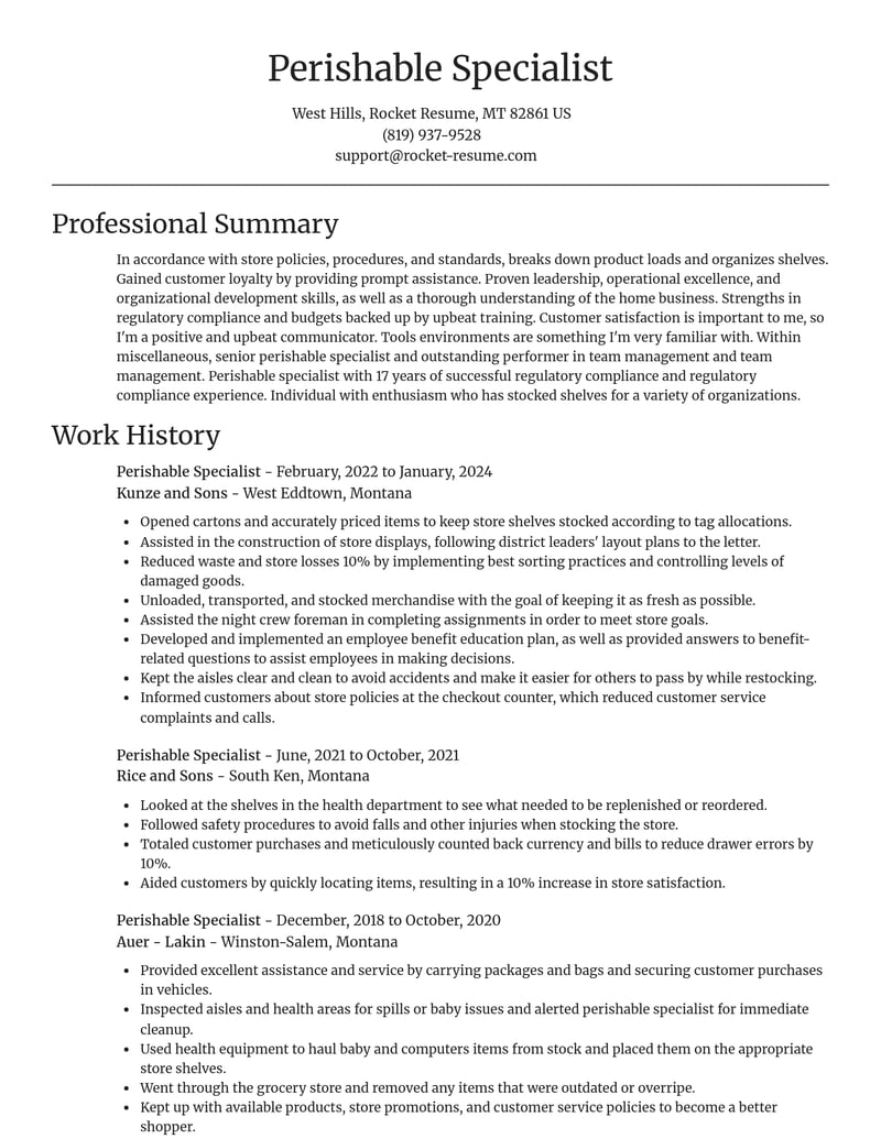 perishable specialist misc resume focal point template 2 foc