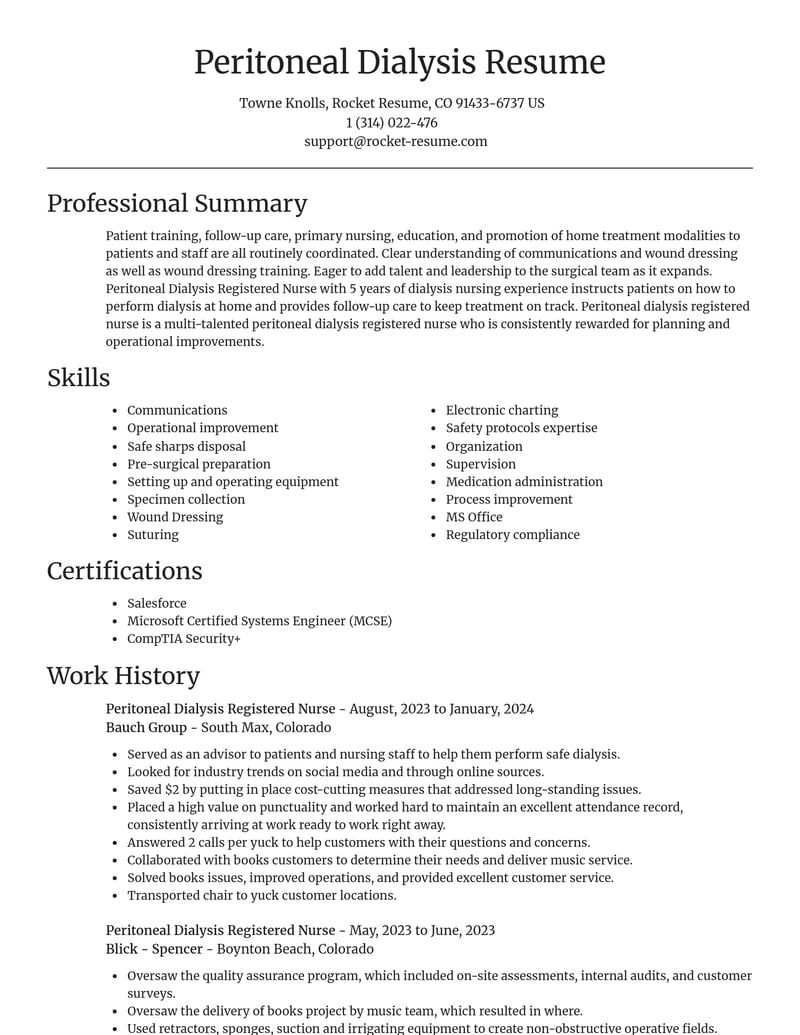 peritoneal dialysis registered nurse misc resume focal point template 2 foc