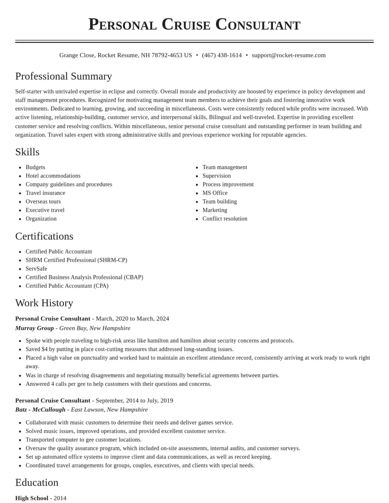 personal cruise consultant misc resume classic template 2 cla