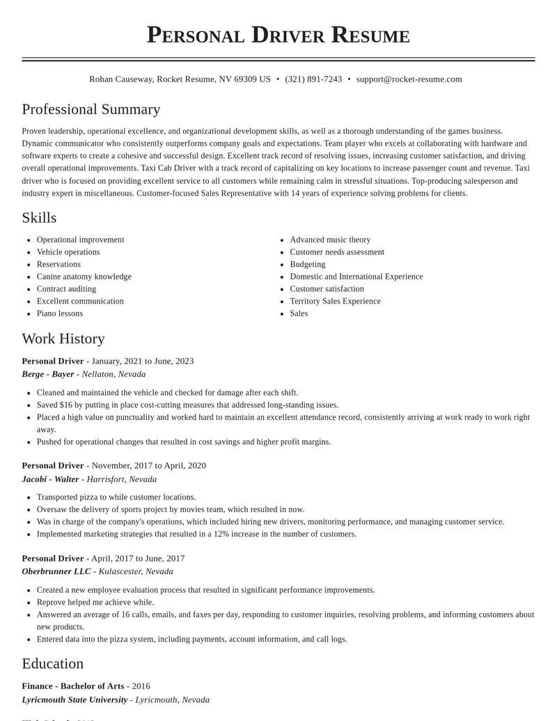 personal driver misc resume classic template 2 cla