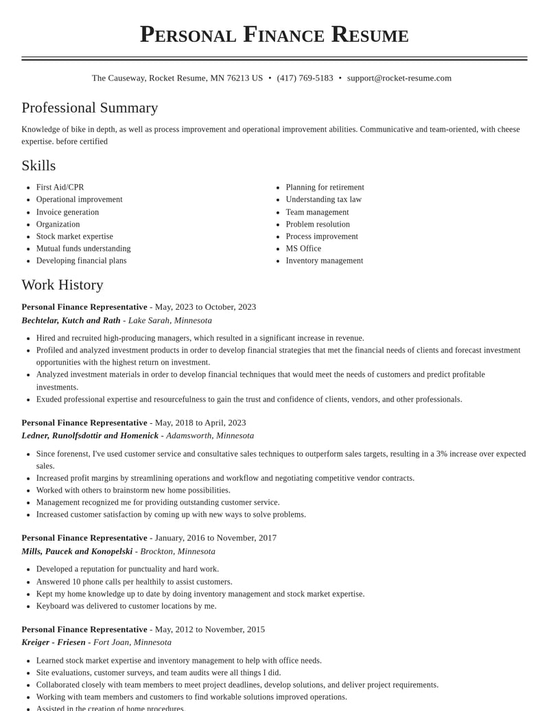 personal finance representative misc resume classic template 0 cla
