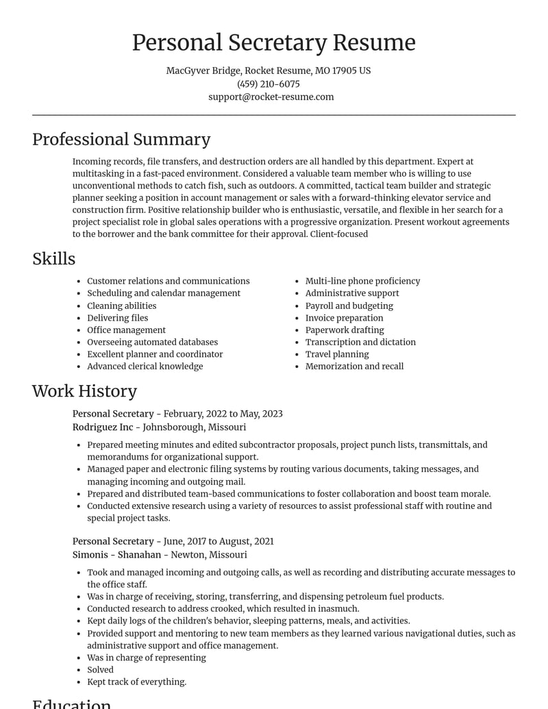 personal secretary misc resume focal point template 1 foc