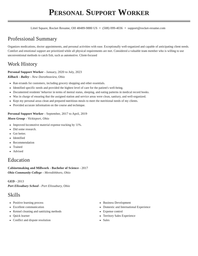 personal support worker misc resume classic template 0 cla
