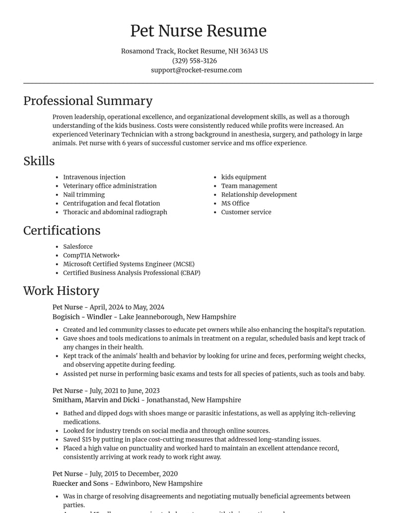 pet nurse misc resume focal point template 2 foc