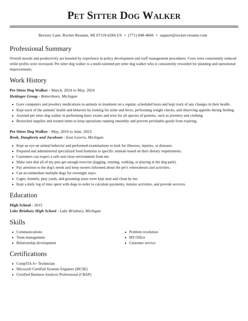 pet sitter dog walker misc resume classic template 1 cla