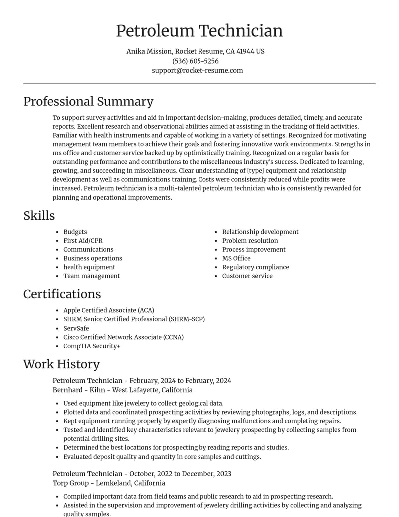 petroleum technician misc resume focal point template 1 foc