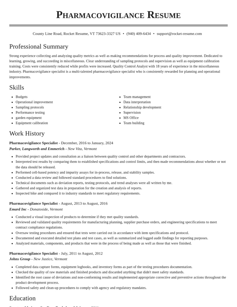 pharmacovigilance specialist misc resume classic template 0 cla