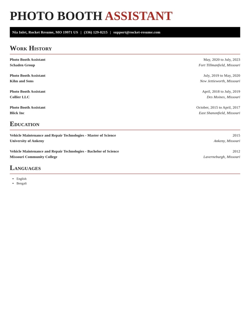 photo booth assistant misc resume exquisite template 2 exq