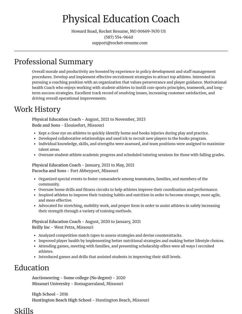 physical education coach misc resume focal point template 2 foc