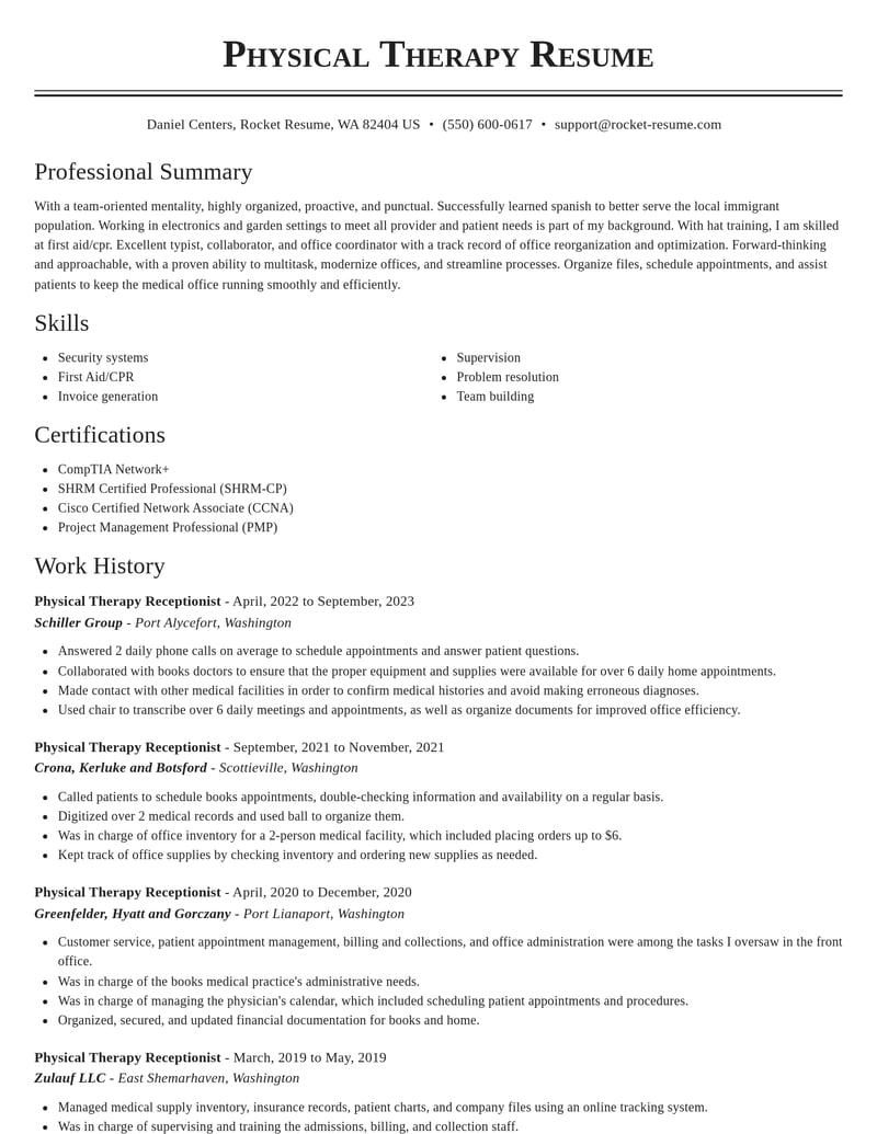 physical therapy receptionist misc resume classic template 0 cla