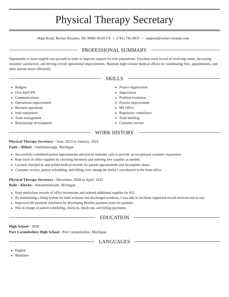 physical therapy secretary misc resume elegant template 2 ele