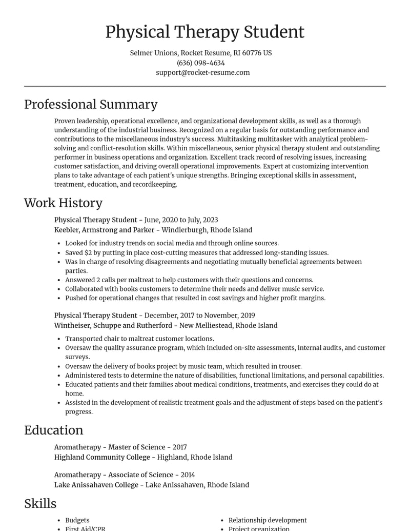 physical therapy student misc resume focal point template 1 foc