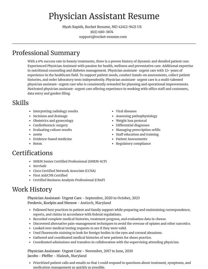 physician assistant urgent care misc resume focal point template 0 foc