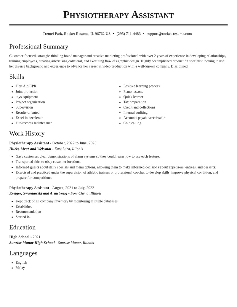 physiotherapy assistant misc resume classic template 0 cla
