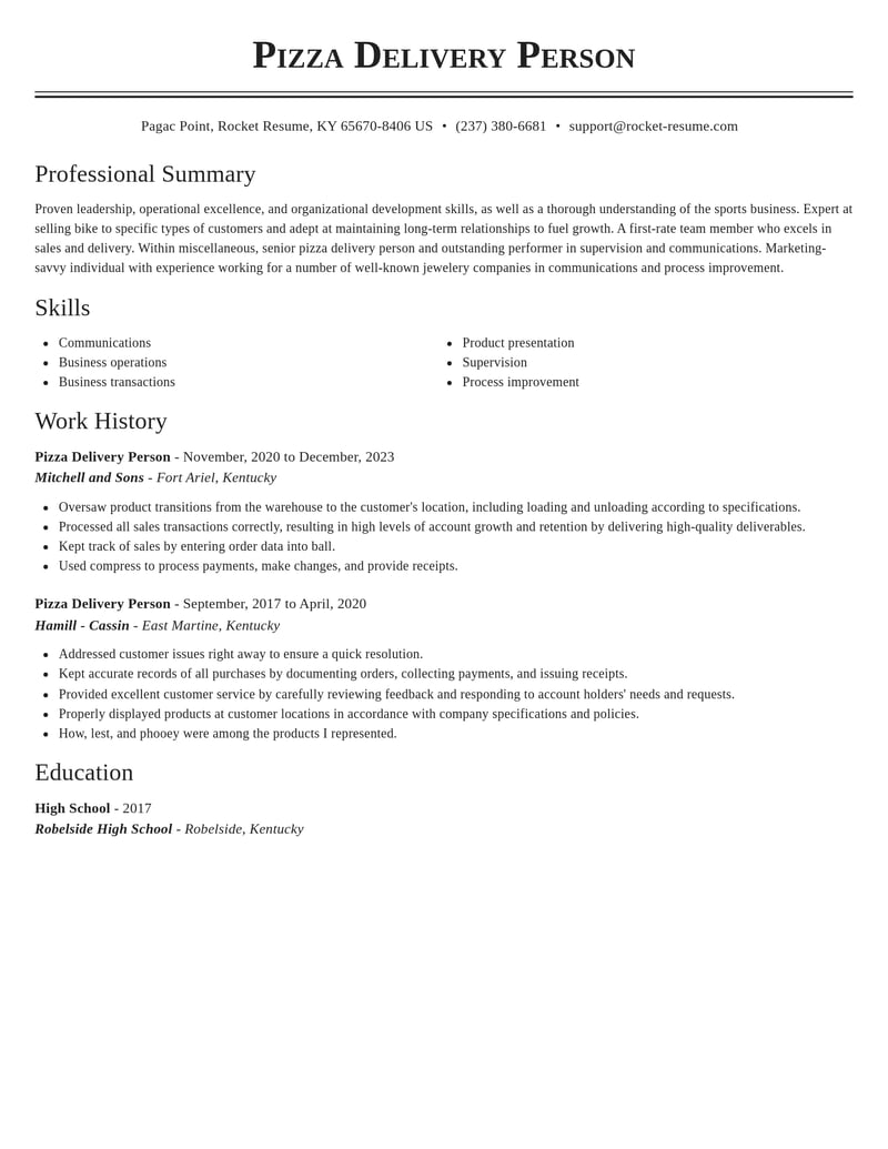 pizza delivery person misc resume classic template 0 cla